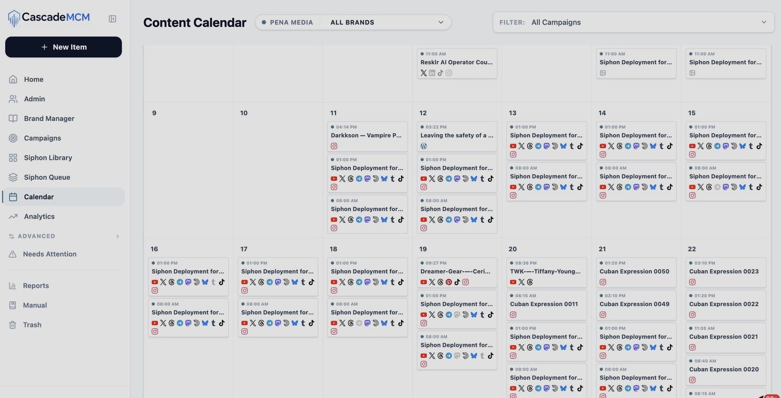 Cascade &middot; Calendar: A month of scheduled publishing