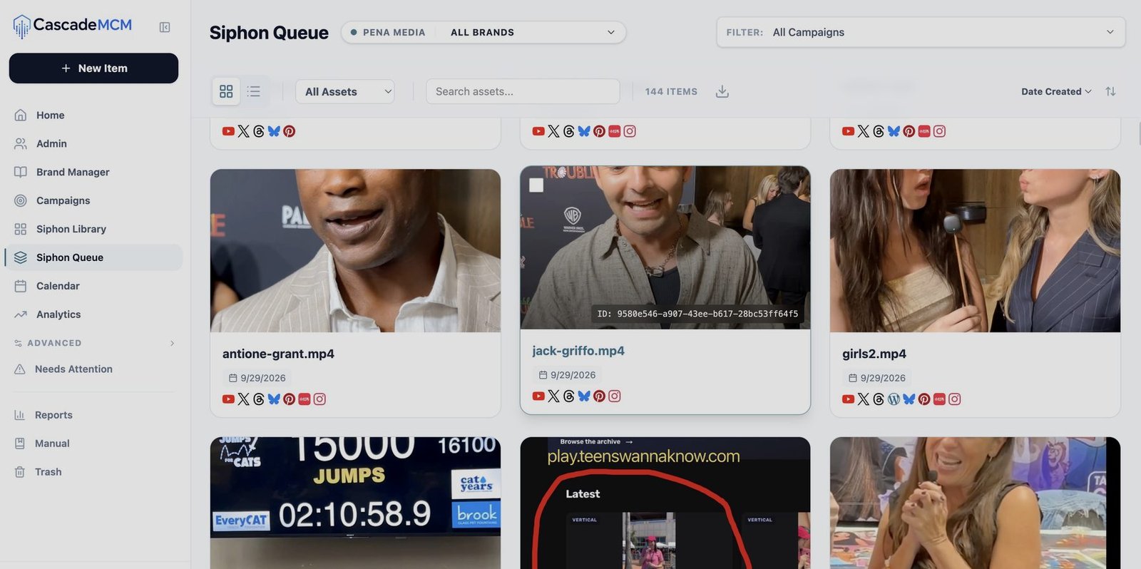 Cascade · the asset queue: 144 clips staged, each tagged with where it will publish