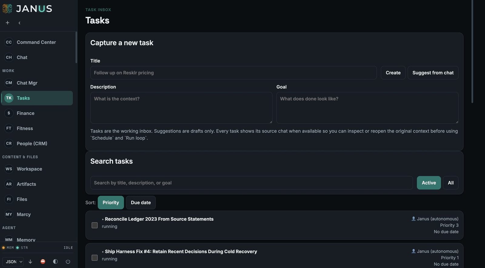 Janus &middot; Tasks: Work running on its own